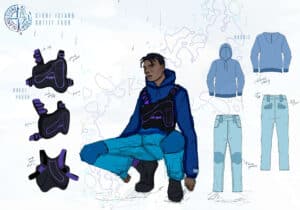 Illustration of the "Stone Island Outfit Four" featuring a person in blue attire with a tactical vest, hoodie, and cargo jeans. Individual clothing items are detailed beside the person.