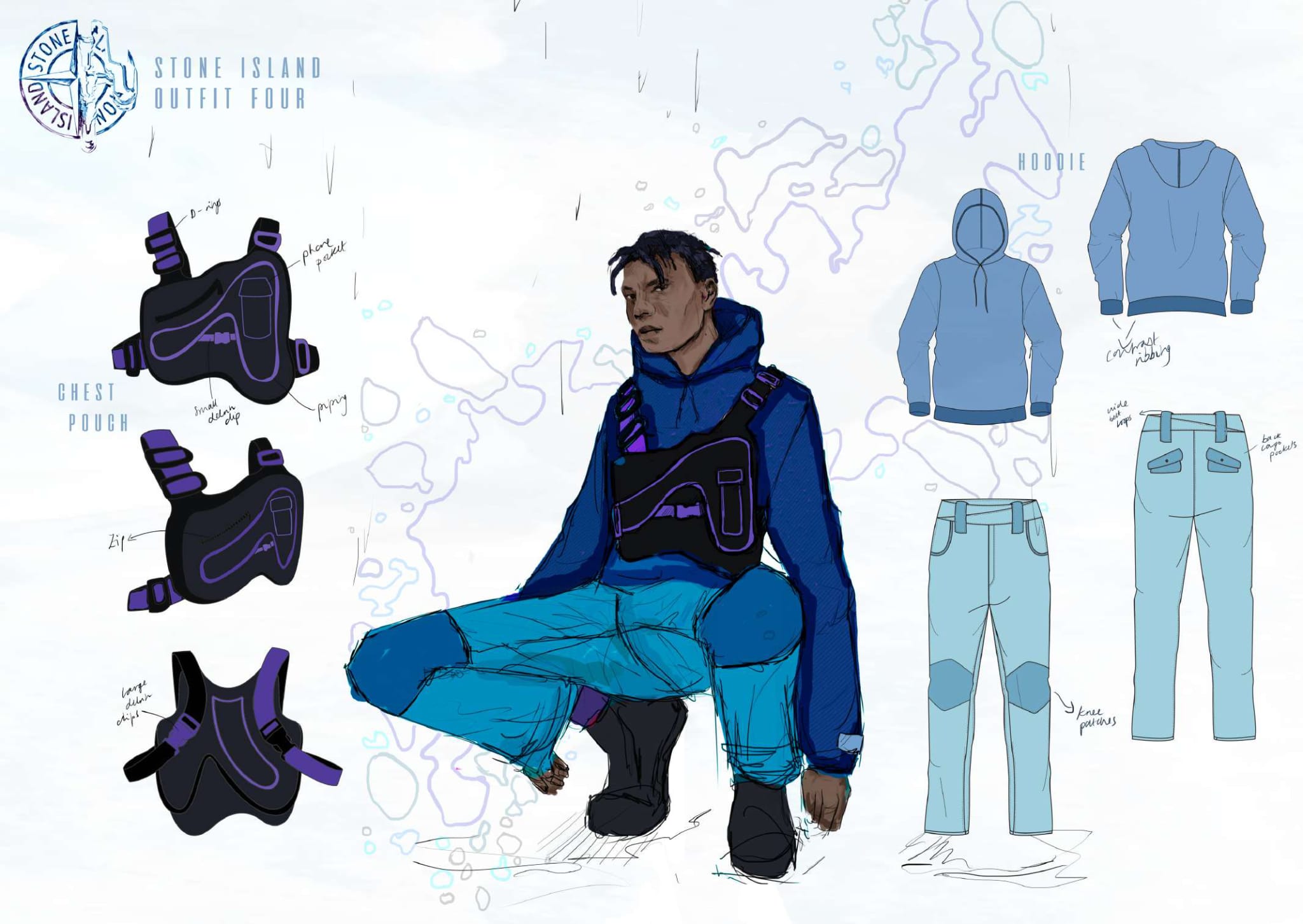 Illustration of the "Stone Island Outfit Four" featuring a person in blue attire with a tactical vest, hoodie, and cargo jeans. Individual clothing items are detailed beside the person.