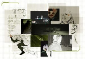 A collage features a mix of sketched and digital images including a man running, security camera footage, and various abstract human faces. Graph paper background and coded text are also visible.