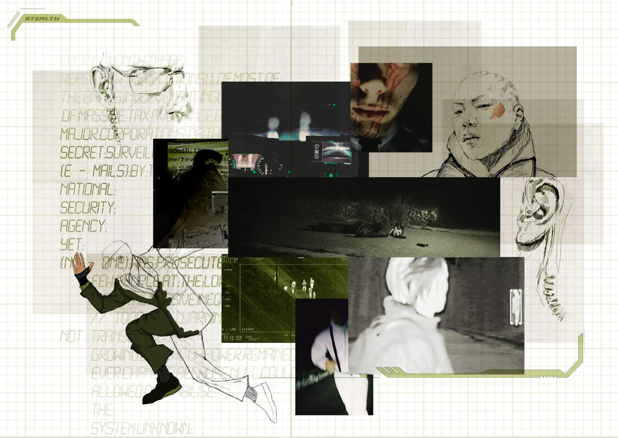 A collage features a mix of sketched and digital images including a man running, security camera footage, and various abstract human faces. Graph paper background and coded text are also visible.