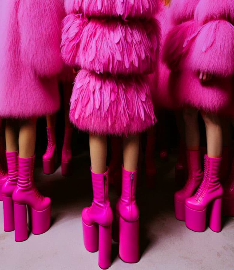 Group of individuals wearing vibrant pink feathered and fur outfits paired with tall platform boots, all in pink, standing in a small, dimly lit space, reminiscent of looks perfected through online fashion courses.