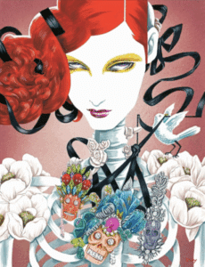 An illustrated woman with red hair, exposed ribcage, and elaborate necklaces featuring colorful skulls, surrounded by white flowers and a white bird.