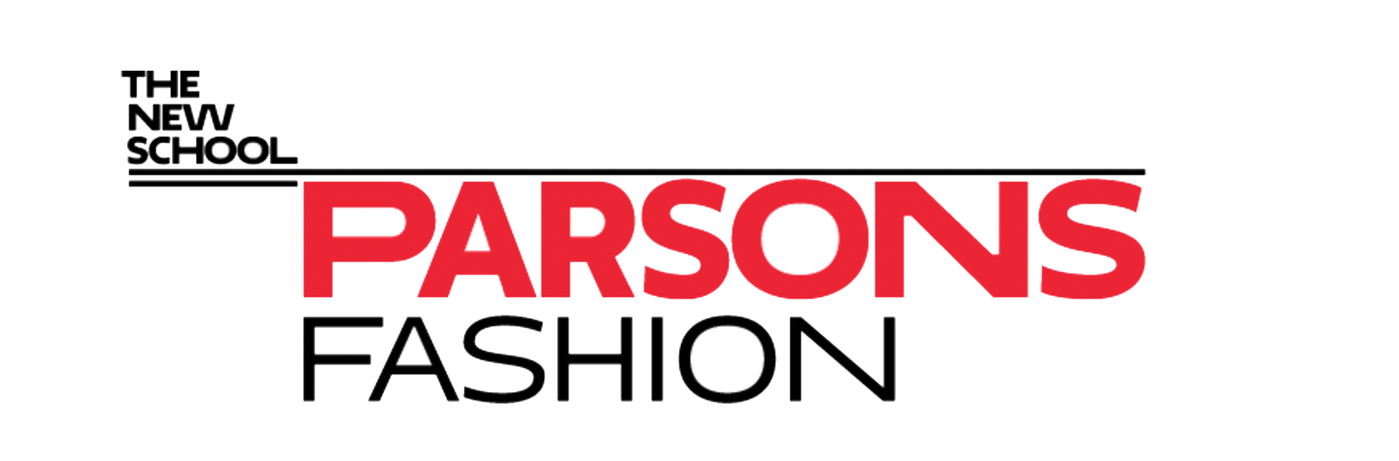 Logo for The New School Parsons Fashion, featuring bold red and black text with horizontal black lines above and below "PARSONS.