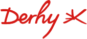Red handwritten-style "Derhy" logo with a star-like symbol at the end, displayed on a light grey background.